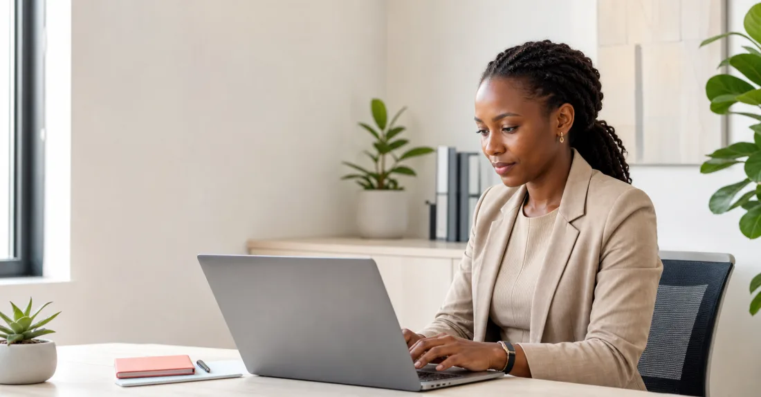 Responsable RH africaine travaillant sereinement sur son ordinateur